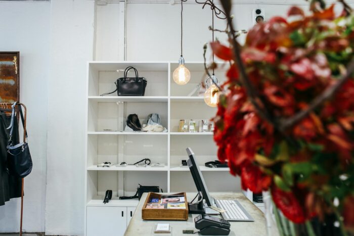 Contemporary retail shop interior featuring shelves with bags and perfumes, stylish decor.